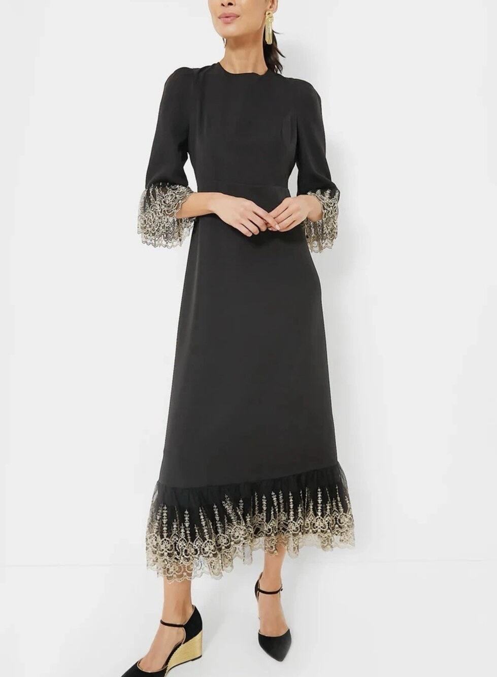 NWT Tuckernuck Pomander Place Gold Embroidered Hem Lillith Midi Dress Black L